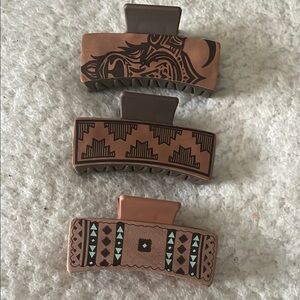 Brown Vegan Leather-Like Patterned Hair Clips Set